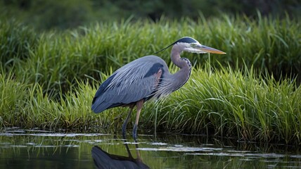 A majestic great blue heron wades gracefully in a tranquil wetland, surrounded by lush green grasses.