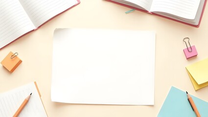Minimal Creative Workspace with Blank Paper and Colorful Stationery - background design