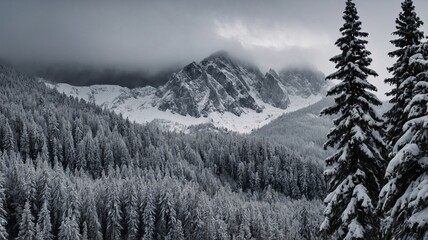 Fototapeta premium Majestic winter landscape featuring a snow-covered mountain range and dense evergreen forest under a cloudy sky.