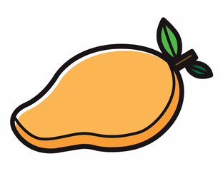 Colorful cartoon illustration of a ripe yellow mango fruit with green leaves on a white background. This tropical fruit design is ideal for food packaging, healthy lifestyle graphics, and vector art.