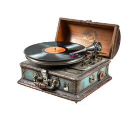 Vintage record player playing vinyl antique shop nostalgia isolated on transparent background, png