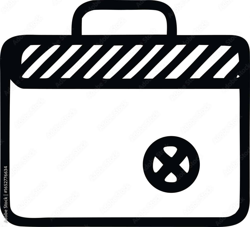Poster simple black and white icon of a briefcase with a circular emblem on its front panel
