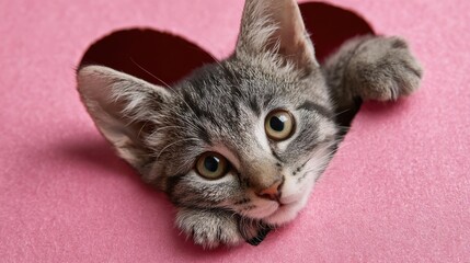 A gray tabby kitten with tiny paws rests on a heart-shaped cutout, peeking through the pink surface, radiating tenderness and a feeling of affection.