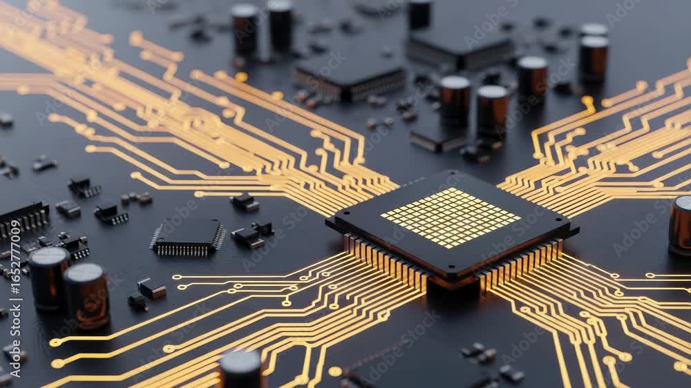 Poster a closeup view of a central processing unit on a complex electronic circuit board with glowing orang