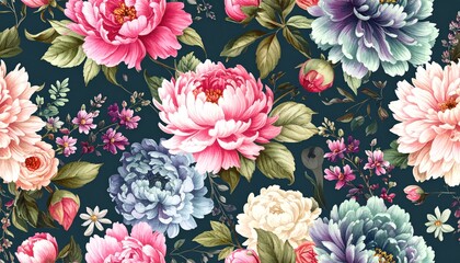 Detailed floral pattern of peonies and other flowers in a variety of colors on a dark background
