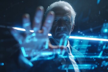 Visionary executive interacts with futuristic digital interface, driving innovation and technological advancement.