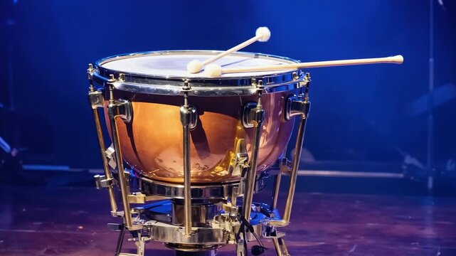 Timpani Drum with Mallets on Stage with Blue Lighting percussion musical instrument