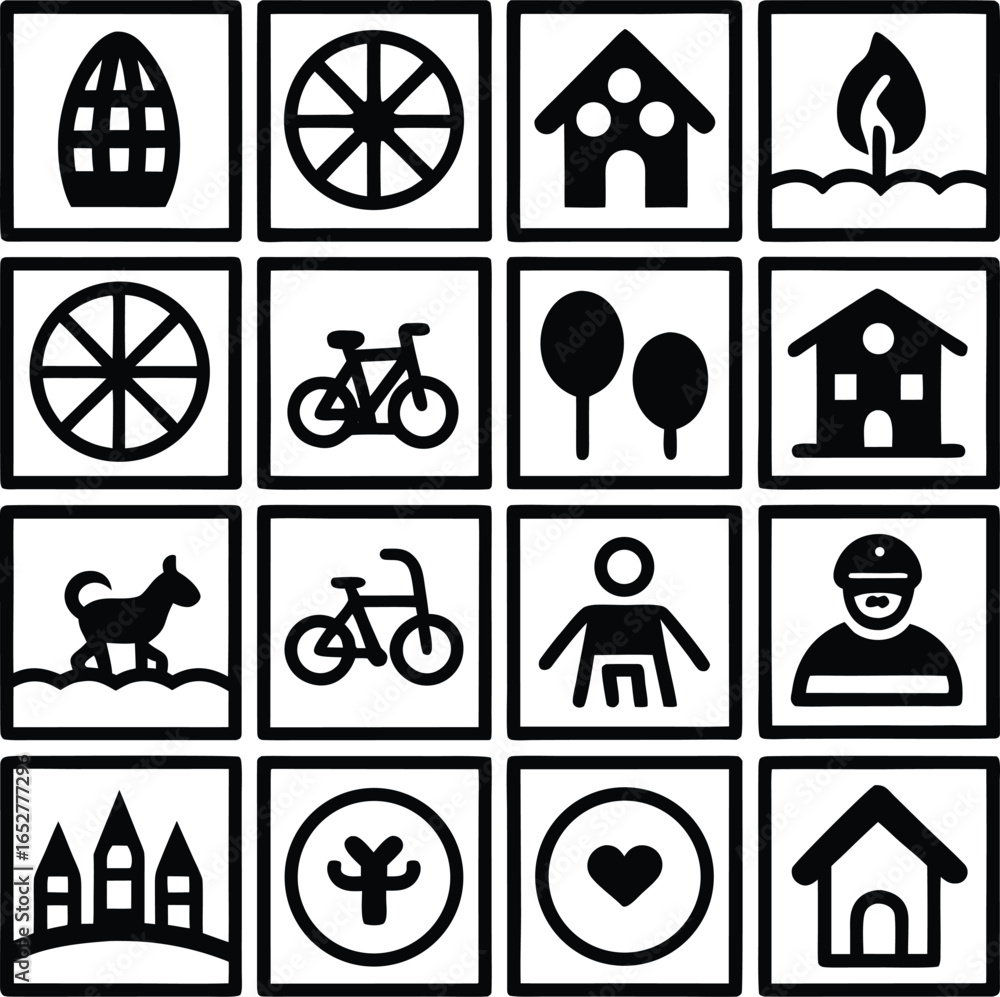Poster a grid of simple black and white icons depicting various objects and concepts such as houses bicycle
