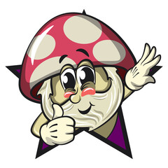 Fototapeta premium cute mushroom character cartoon mascot vector illustration out from of a star by giving a thumbs up sign, work of hand drawn