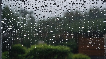 Close-up of water droplets on a window during a rainy day, creating a serene and moody atmosphere.