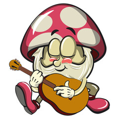 cute mushroom character cartoon mascot vector illustration playing guitar, work of hand drawn