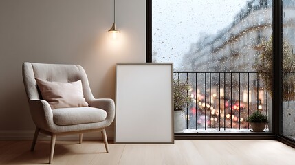 Modern living room interior design with armchair and blank frame mockup on rainy day city background