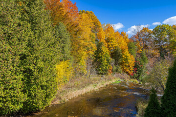 Spencer creek near the top of  Webster's Falls along Spencer Gorge hiking trail in Hamilton, Ontario, Canada. Autumn Season.