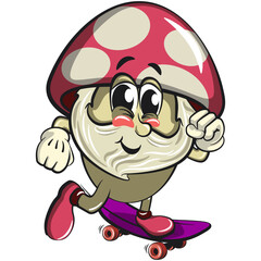 cute mushroom character cartoon mascot vector illustration playing skateboard, work of hand drawn