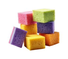 Vibrant multi-colored sponges for cleaning home kitchen product bright environment isolated on transparent background, png