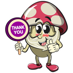 cute mushroom character cartoon mascot vector illustration say thank you, work of hand drawn