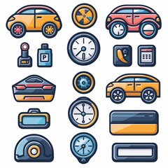 Naklejka premium Colorful Cartoon Car Icons and Dashboard Elements for Design Projects
