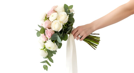 Elegant Hand Holding a Wedding Bouquet with Engagement Ring.