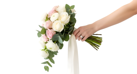 Elegant Hand Holding a Wedding Bouquet with Engagement Ring.