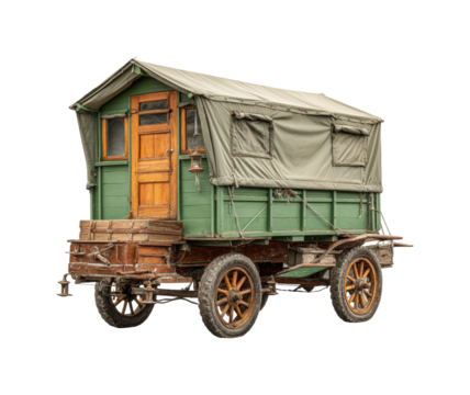 Historic green horse-drawn caravan vintage camping vehicle rustic viewpoint isolated on transparent background, png