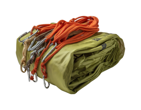 Climbing gear preparation adventure equipment display nature view safety essentials isolated on transparent background, png