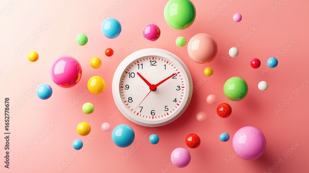 Poster playful arrangement of colorful 3d spheres orbiting a simple white clock with red detailing