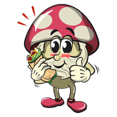cute mushroom character cartoon mascot vector illustration have a burritos while giving thumbs up, work of hand drawn