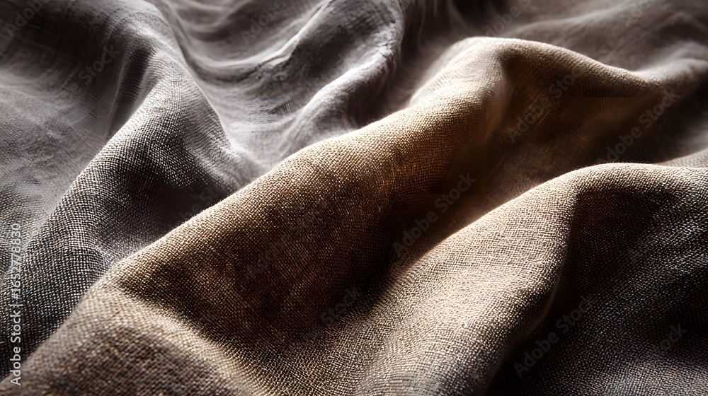 Aufkleber close-up view of a textured linen fabric with a blend of light gray and muted brown tones, showcasin
