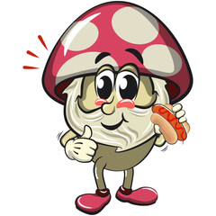 cute mushroom character cartoon mascot vector illustration carrying a hotdog while giving a thumbs up, work of hand drawn