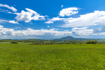 Lovoc Hill Dominating Spring Landscape in Loveckovice, Czechia
