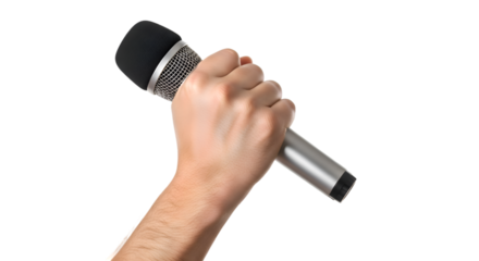 Hand Firmly Gripping a Silver Microphone Ready for Performance or Speech.