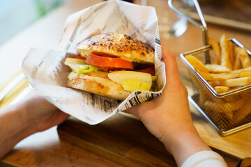 Hand holding chicken burger with fries