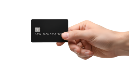 Hand Holding a Black Credit Card with Visible Numbers and Chip.
