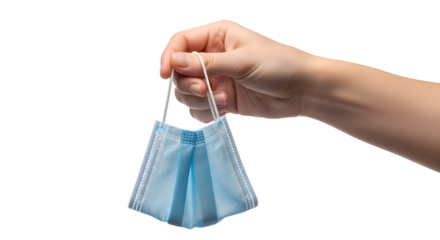 Hand Holding a Blue Surgical Mask by Ear Loops CloseUp View.