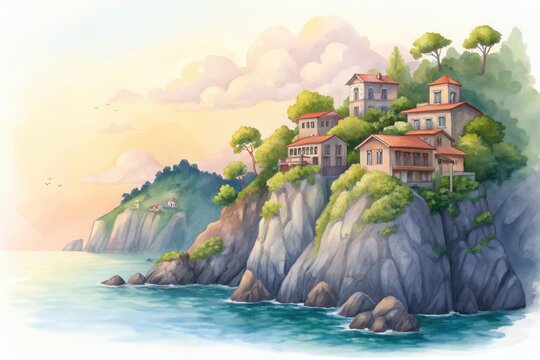 Charming italian village clinging to a lush green cliffside - Powered by Adobe