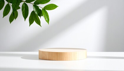 A minimalist wooden platform surrounded by green leaves, illuminated by soft lighting, creating a serene and modern aesthetic.