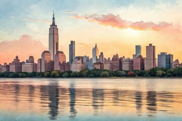 Fototapeta premium New york city skyline reflecting in water at sunset