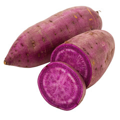 Organic purple yam tubers with vibrant sliced interior isolated on white background for cooking