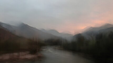 Fototapeta premium Misty mountain range with a river valley, enveloped in soft, muted colors, displays a tranquil and serene scene.