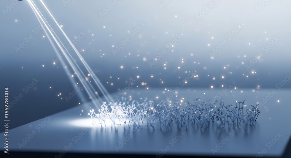 Poster abstract digital technology illustration with light particles and neural network pattern in cool blu
