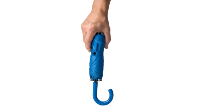 Hand Holding a Closed Blue Umbrella with Hook Handle Vertical Composition.