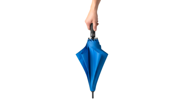 Hand Holding a Closed Blue Umbrella Ready for Rain Protection.