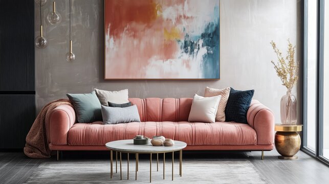 Modern living room featuring a pink sofa and abstract artwork in a stylish, bright interior space