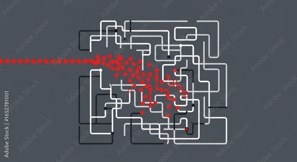 Poster abstract modern circuit board design with red dots on dark background