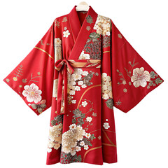 Elegant traditional red kimono with floral patterns and intricate embroidery for cultural fashion