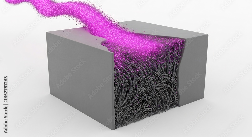 Poster abstract neural network model with pink data flow inside gray block