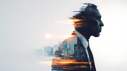 Obraz na płótnie Canvas Businessman double exposure cityscape night city lights modern business concept profile view Vector illustration