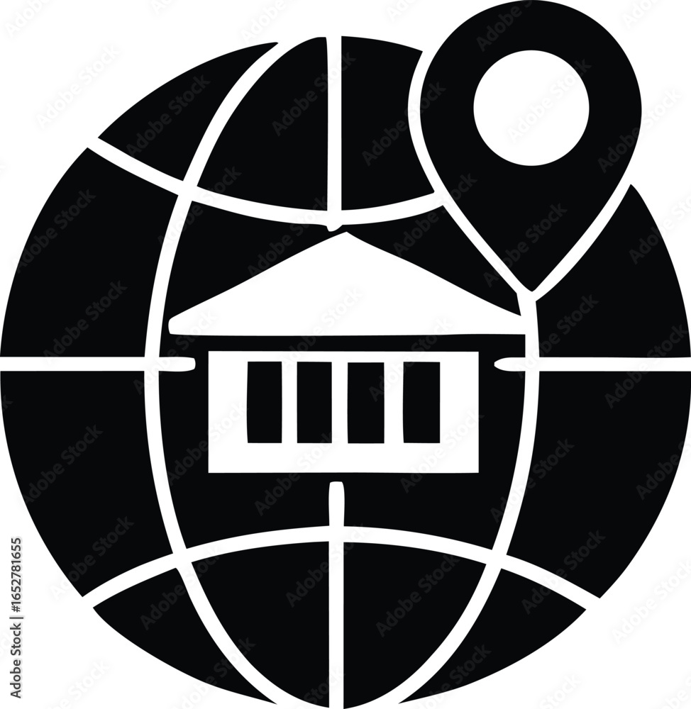 Poster global location icon featuring a building and a map pin symbolizing international presence and navig