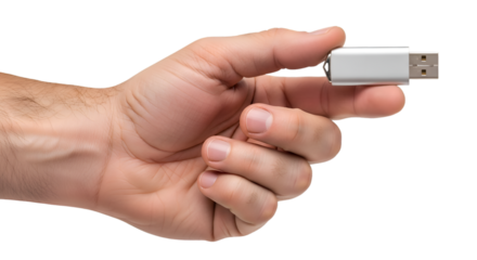 Hand Holding a Silver USB Flash Drive CloseUp View.