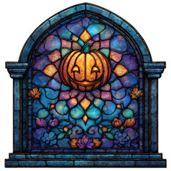 Colorful Stained Glass Window with Smiling Pumpkin Design